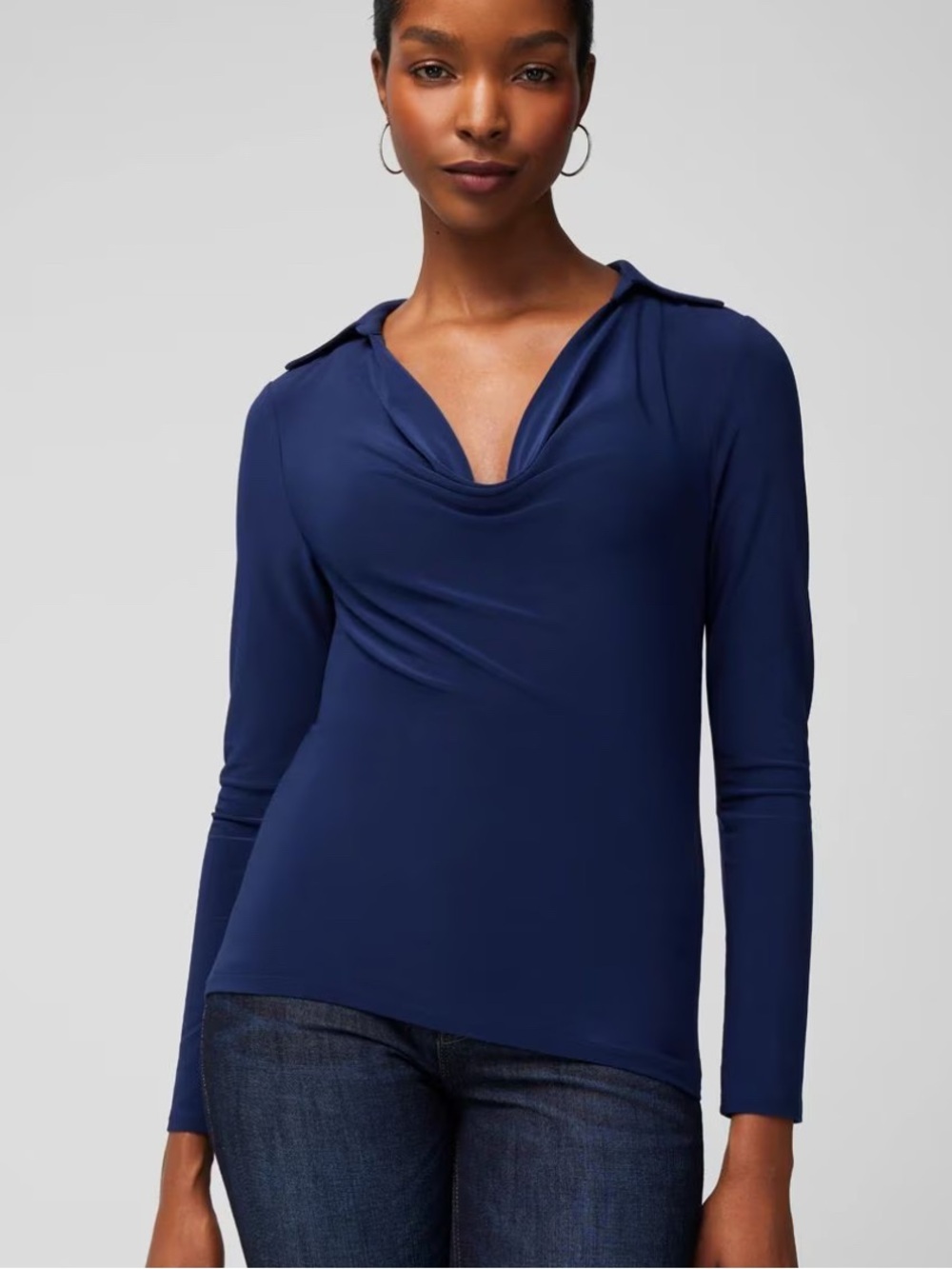 Draped Cowl Neck Long Sleeve Top - Navy